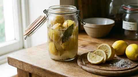 Bocal de citrons confits au sel ouvert, quartier tranché sur une planche, gros sel gris et citrons frais