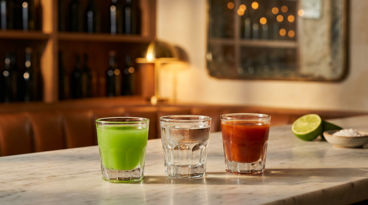 Bandera mexicana : trois petits verres en ligne, jus de citron vert, tequila blanche et sangrita rouge, comptoir de marbre Sarrancolin