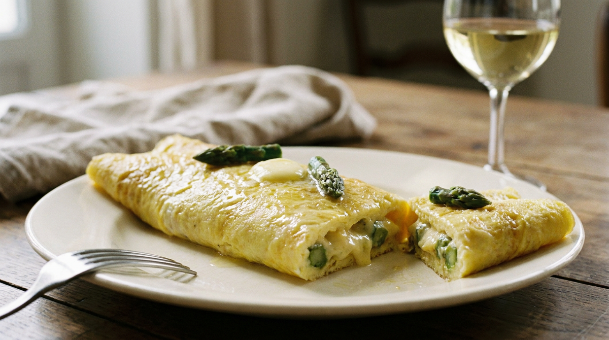 Omelette roulée baveuse aux asperges vertes en gros plan, beurre fondu, assiette ivoire, verre de vin blanc