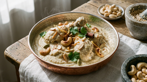 Korma : ce qui lie la sauce, c'est une purée de noix, pas de la crème