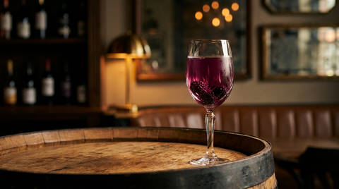 Kir à la mûre grenat foncé dans un verre à pied, mûres au fond, posé sur un fond de fût de chêne