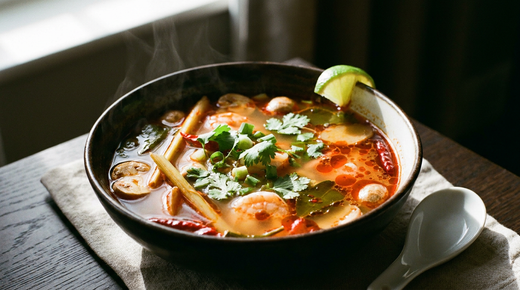 Tom yum : bouillon orangé translucide avec crevettes, champignons, citronnelle, feuilles de combava, piments et coriandre fraîche