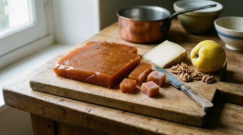 Plaque de pâte de coings ambrée coupée en cubes sur une planche, fromage de brebis, noix et coing frais