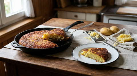 Rösti suisse dans une poêle en fonte, galette ronde à croûte dorée uniforme, une part sur une assiette montrant des filaments distincts, râpe avec pommes de terre râpées et pommes cuites en robe