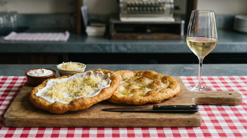 Lángos hongrois : une pâte levée à la pomme de terre écrasée pour le moelleux, étirée à la main et frite à 180 °C, frottée d'ail, crème aigre et fromage râpé