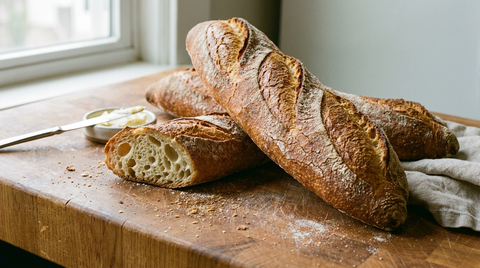 Trois baguettes maison à la croûte dorée et craquelée, grignes ouvertes, légèrement farinées, l'une coupée en biais montrant une mie crème très alvéolée, beurre salé et couteau à plat, plan de travail en chêne
