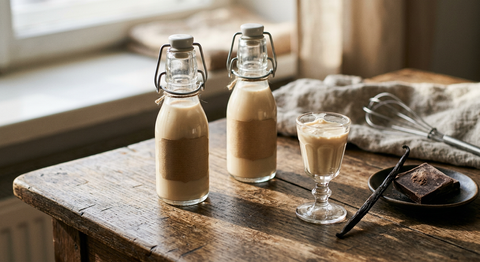 Deux bouteilles à bouchon mécanique remplies d'une liqueur crémeuse beige, un petit verre à pied de la même crème, une gousse de vanille et un carré de chocolat noir sur une table en bois brut