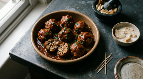 Albondigas espagnoles dorées dans une cazuela en terre, sauce tomate brune et brillante qui les nappe, persil haché, mortier avec amandes, ail et pain frit en cours de pilage, bol de mie de pain trempée dans du lait