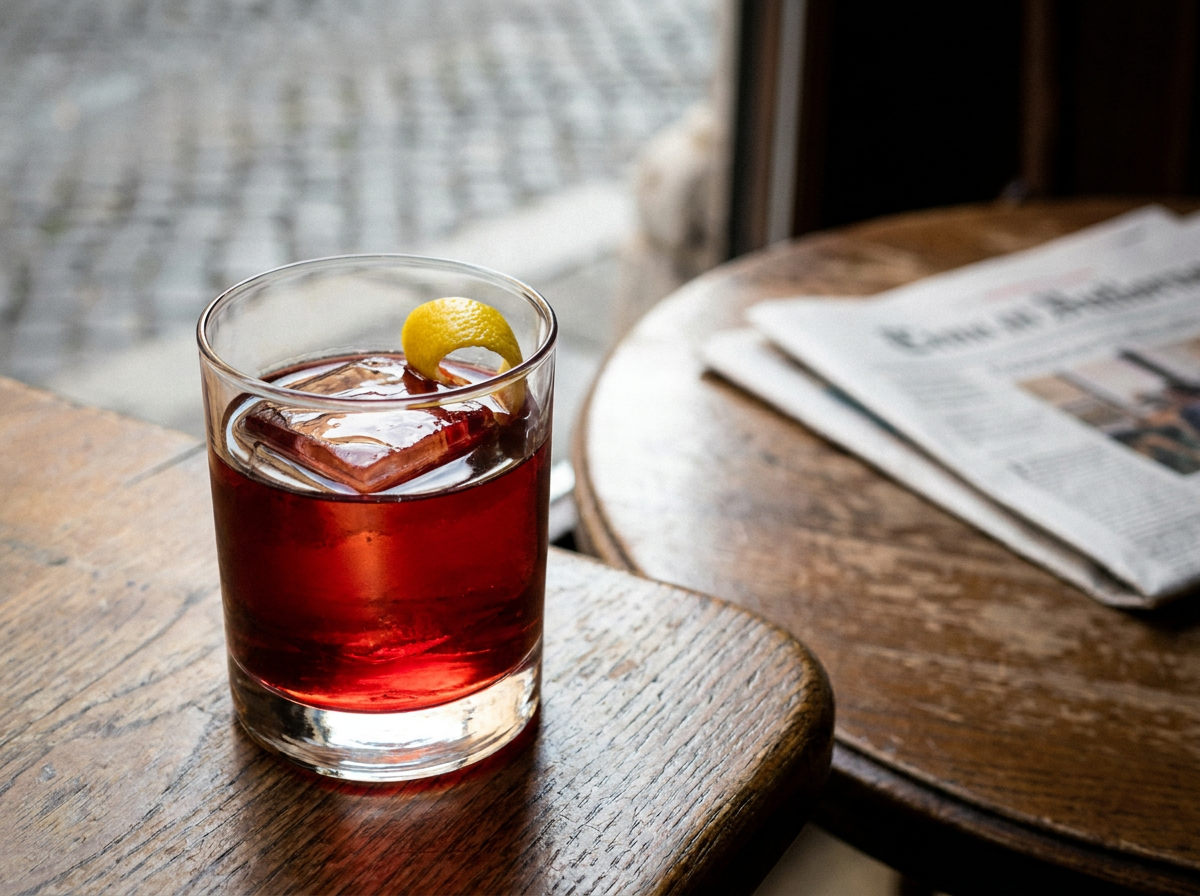 Cocktail Cardinale rouge rubis sur glaçon dans un verre bas, zeste de citron
