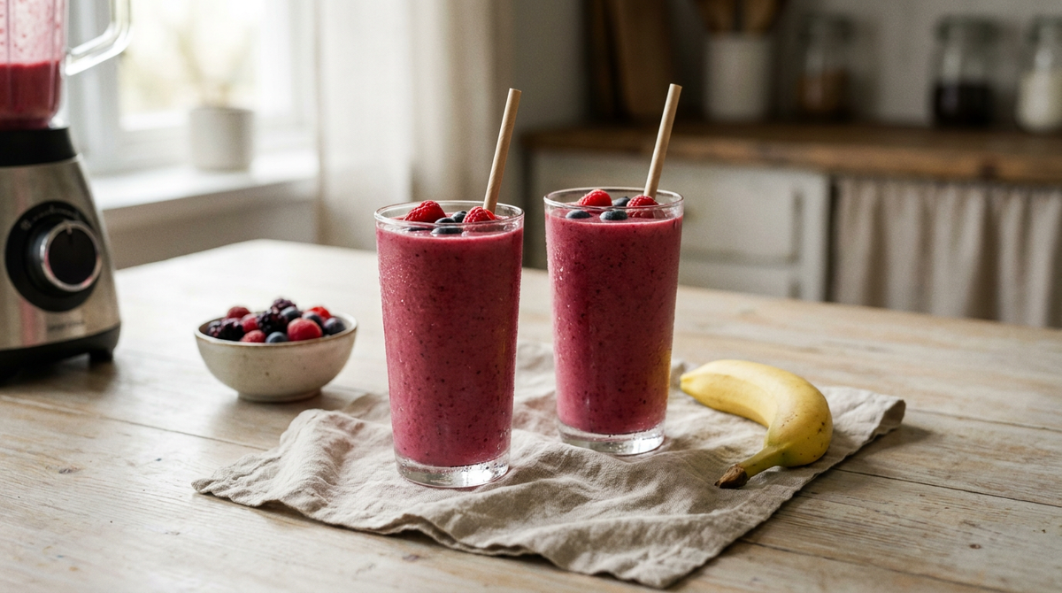 Deux grands verres de smoothie rose framboise épais, une paille en papier, une banane et une poignée de fruits rouges frais à côté, un blender en arrière-plan, table de petit-déjeuner en bois clair, lumière du matin