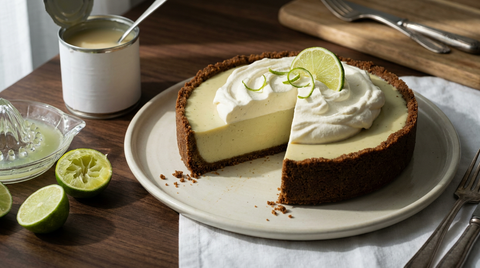 Key lime pie américaine sur un plat blanc, appareil vert pâle sur croûte de biscuits, crème fouettée et zeste de citron vert, boîte de lait concentré et citrons pressés