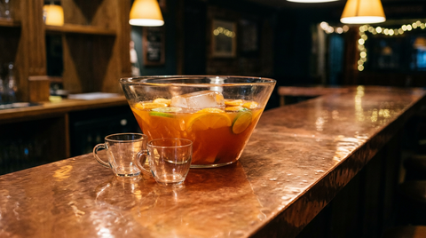 Grand bol de punch orangé avec rondelles d'orange et de citron vert et un gros bloc de glace, deux tasses en verre devant, comptoir de cuivre martelé, lumière chaude de fête
