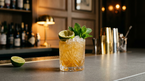 Virgin Mai Tai sur glace pilée, coque de citron vert et menthe, sur un comptoir de pierre de lave