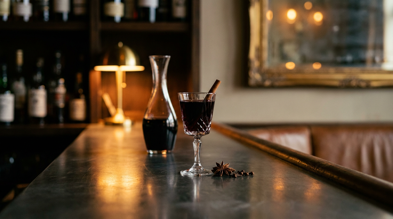 Petit verre à pied d'hypocras rouge profond, carafe du même vin épicé derrière et badiane posée, sur un comptoir d'étain bruni