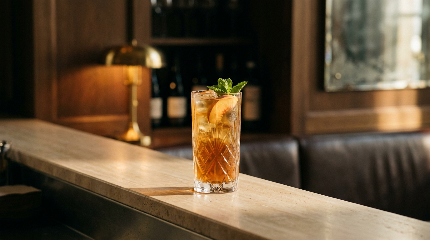 Thé glacé à la pêche dans un grand verre, tranche de pêche et menthe, rebord de travertin