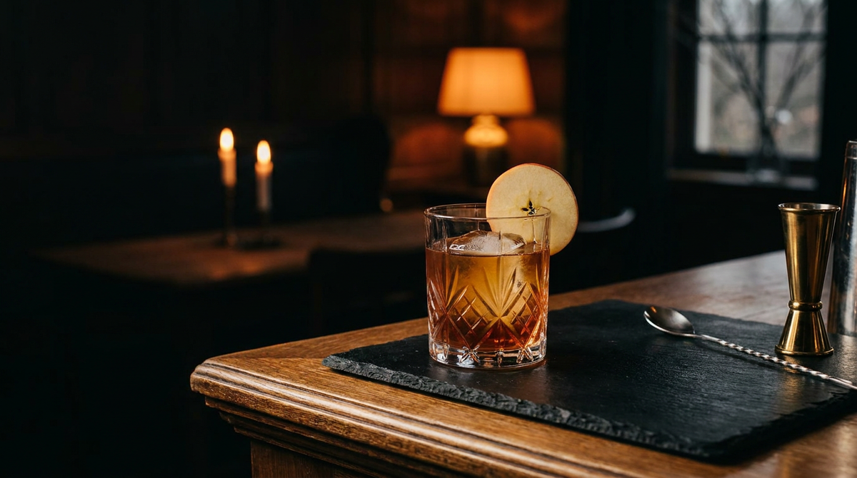 Verre bas d'un cocktail pomme-caramel ambré sur un gros glaçon, lamelle de pomme sur le bord, sur une ardoise noire, bar dans la pénombre éclairé à la bougie