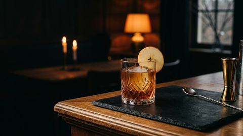 Verre bas d'un cocktail pomme-caramel ambré sur un gros glaçon, lamelle de pomme sur le bord, sur une ardoise noire, bar dans la pénombre éclairé à la bougie