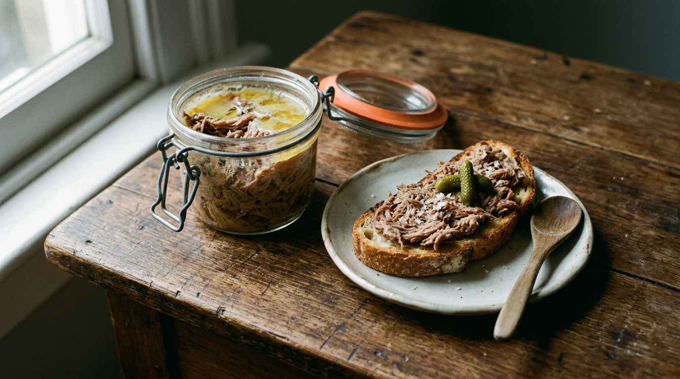 Rillettes de canard dans un bocal en verre à joint orange, fibres brunes et couche de graisse dorée, tartine de pain grillé garnie avec cornichon et fleur de sel