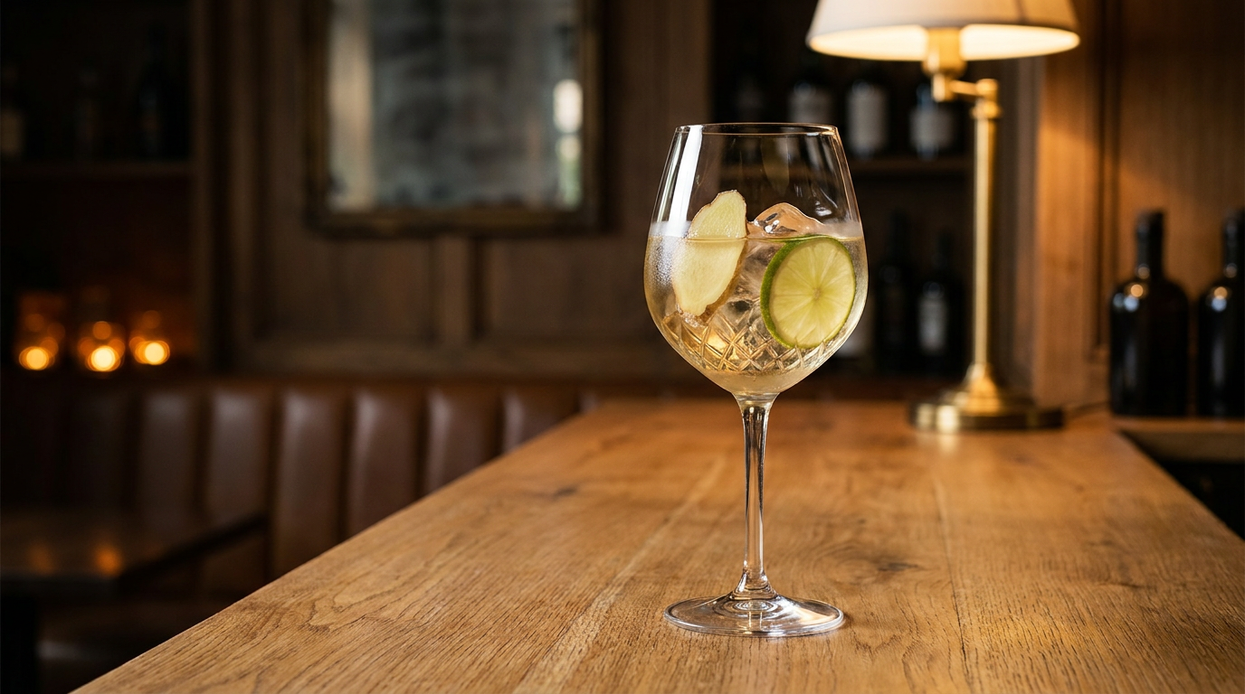 Grand verre à vin de liquoreux doré pâle sur glace, tranche de gingembre et rondelle de citron vert dans le verre, sur un comptoir d'orme ancien