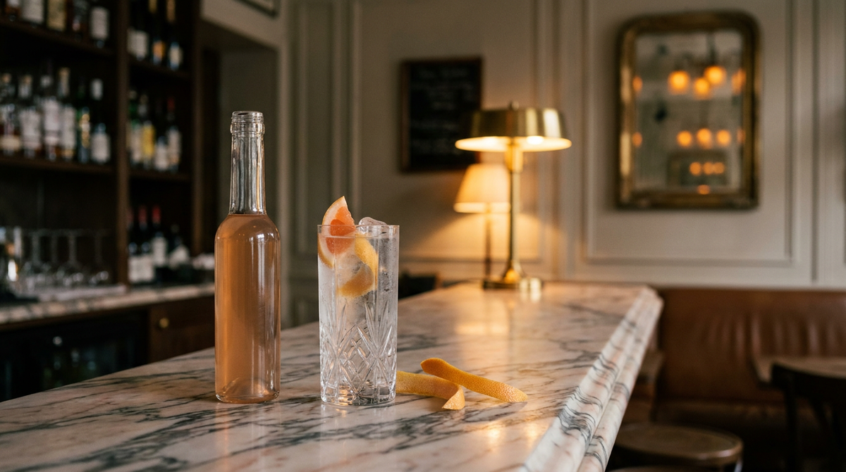 Cordial de pamplemousse rose ambré en bouteille et verre allongé à l'eau gazeuse, écorces de pamplemousse, comptoir de marbre Fior di Pesco