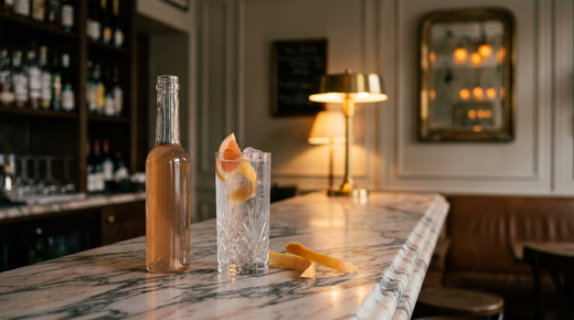 Cordial de pamplemousse rose ambré en bouteille et verre allongé à l'eau gazeuse, écorces de pamplemousse, comptoir de marbre Fior di Pesco