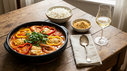 Moqueca baiana : le poisson mariné au citron vert, monté en couches dans la marmite sans jamais remuer, lait de coco et huile de dendê à la fin