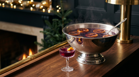 Bol à punch en argent d'un punch chaud au porto violet profond aux oranges rôties, louche et petit verre à pied servi devant, sur un comptoir de noyer, guirlande et feu au fond