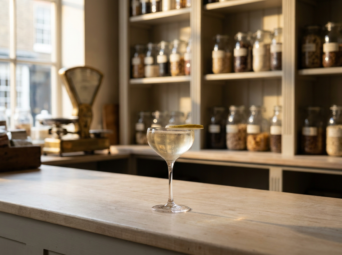 Cocktail à l'eau-de-vie de poire Williams en coupe de cristal sur le comptoir de bois clair d'une épicerie fine ancienne, bocaux et balance de laiton en arrière-plan