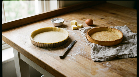 Pâte sucrée crue foncée dans un cercle à tarte et fond de tarte cuit à blanc doré et fin, beurre, sucre glace, œuf, plan de travail en bois
