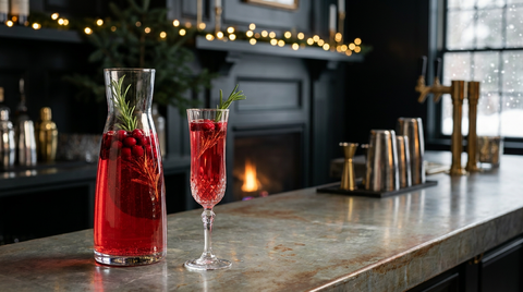 Carafe de punch pétillant rouge rubis à la cranberry et au romarin et flûte servie devant, sur un comptoir de zinc, guirlande lumineuse floue et feu au fond