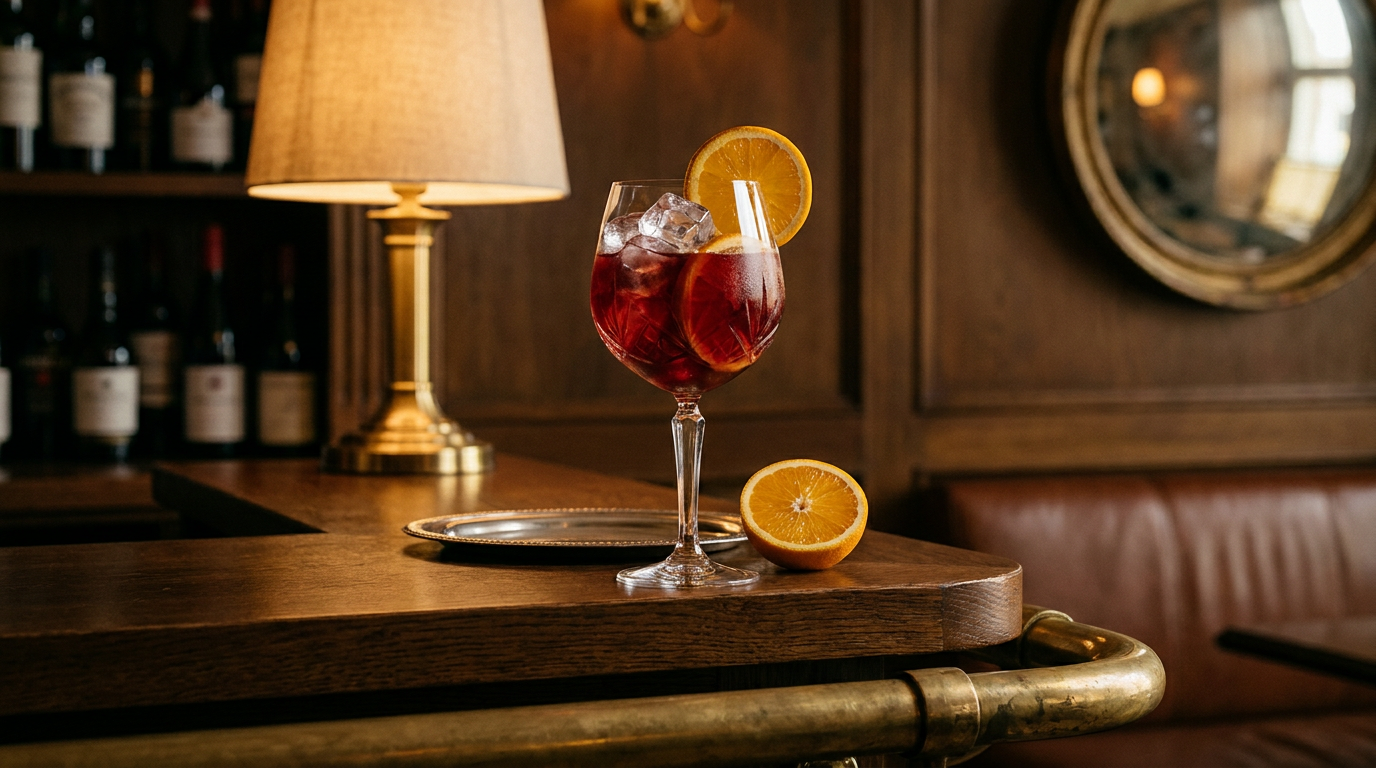 Grand verre à vin rempli de glace et de vin rouge à l'orange, rondelle d'orange dans le verre et demi-orange posée, sur un comptoir de chêne à barre de laiton