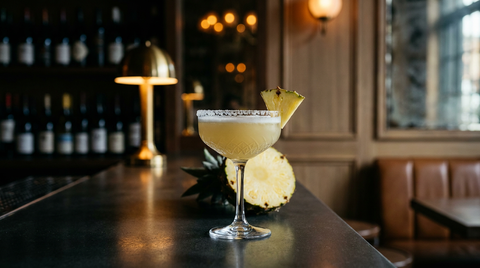Margarita à l'ananas en coupe, col de mousse naturelle et bord salé, sur un comptoir de béton sombre