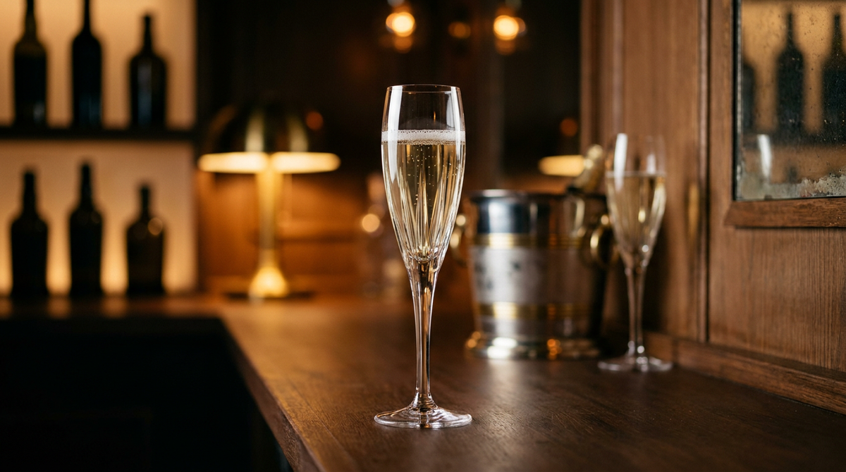 Flûte à champagne remplie d'un liquide paille très pâle avec un cordon de fines bulles persistant en surface, seau à glace flou derrière, comptoir de bois ciré sombre