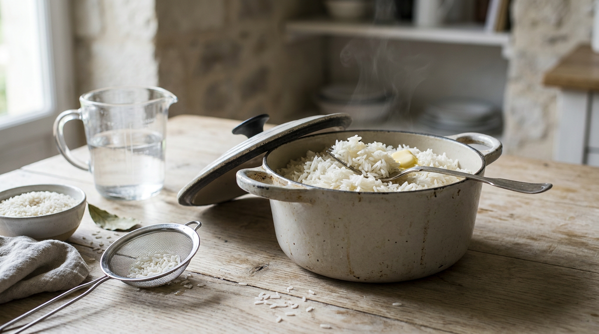 Casserole de riz blanc parfaitement cuit, grains longs détachés et brillants, fourchette qui les soulève, couvercle posé à côté, verre doseur, torchon plié, grains de riz cru dans un bol, table de bois clair