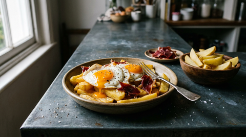 Huevos rotos dans un plat en terre, pommes de terre taillées à la main et dorées, deux œufs au plat aux blancs dentelés et jaunes orange crevés qui coulent entre les frites, jambon serrano déchiré, fourchette posée dans le plat