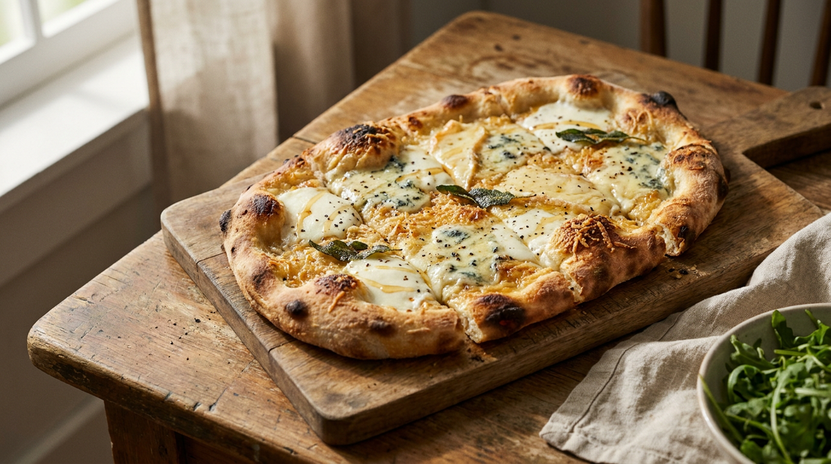 Pinsa quatre fromages ovale sur une planche en bois, sans tomate, mozzarella fondue, gorgonzola en flaques crémeuses, parmesan doré, taleggio coulant, bords soufflés, poivre et miel, table de famille, lumière chaude