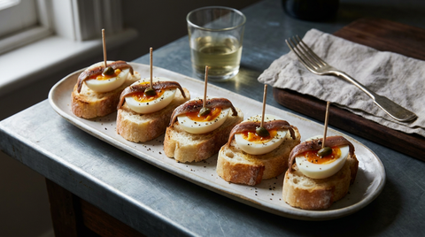 Cinq petits toasts alignés sur un long plat en céramique, chacun garni d'un demi-œuf mollet au jaune orangé crémeux, filet d'anchois brun drapé dessus, câpre et poivre concassé, pique en bois plantée dans chaque bouchée