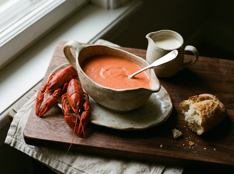 Sauce Nantua rose corail aux écrevisses dans une saucière en grès, écrevisses entières et pot de crème sur une planche en bois