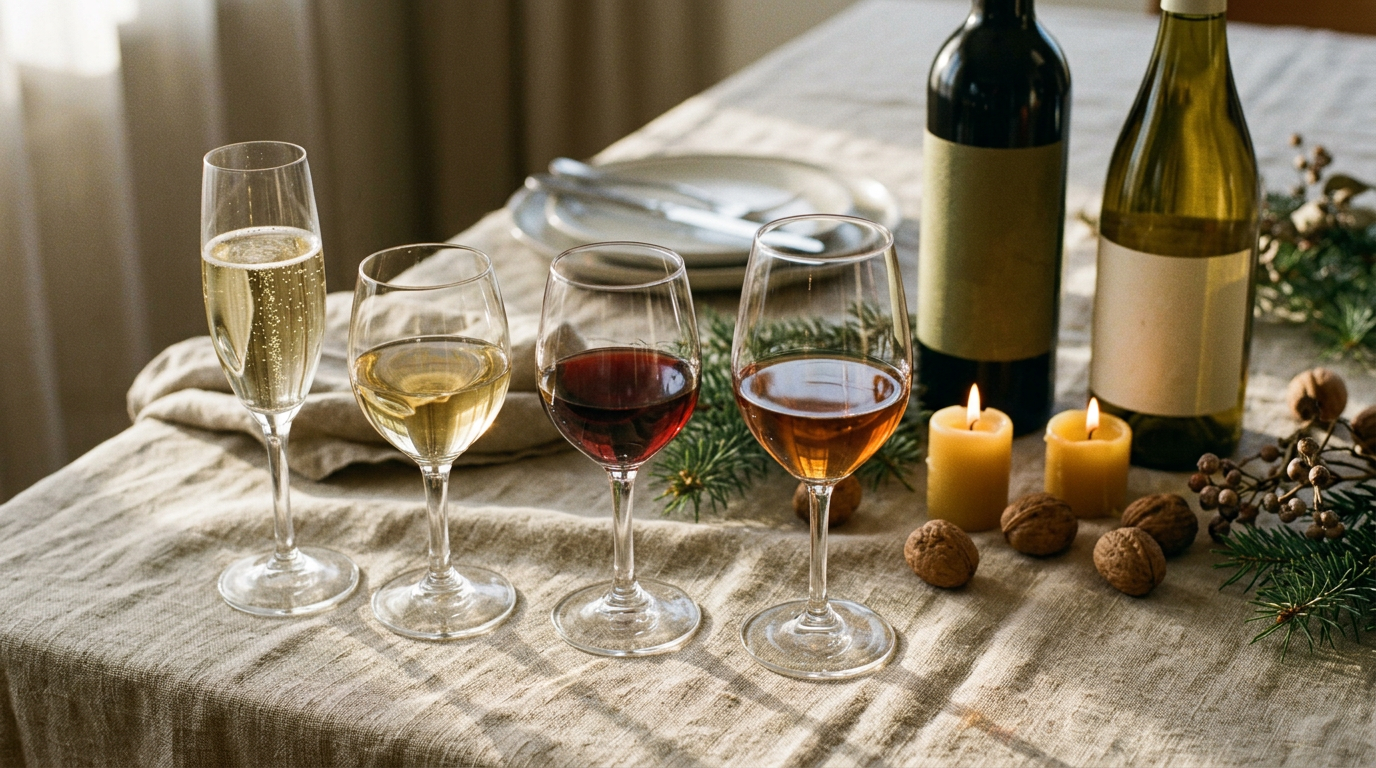 Quatre verres alignés montrant la progression d'un repas de Noël : effervescent, blanc sec, rouge et liquoreux, sur une nappe en lin avec deux bougies et des branches de sapin