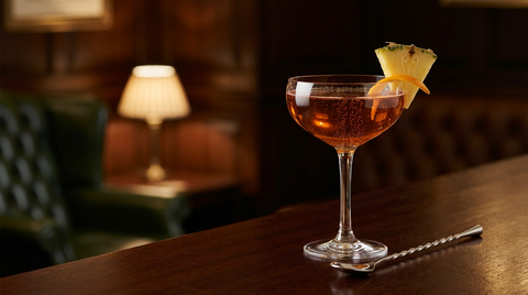 Coupe de Prince of Wales, robe cuivrée, ananas et zeste d'orange, sur un comptoir d'acajou