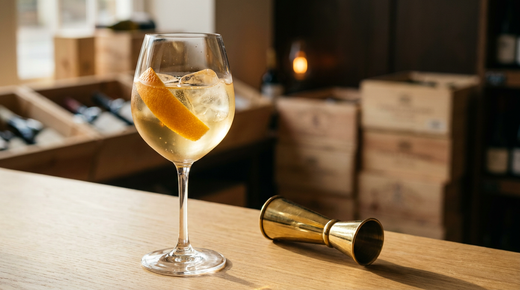 Monbazillac tonic dans un grand verre à vin à pied fin, robe or pâle, glaçons clairs et large zeste d'orange, sur un comptoir de caviste en chêne clair devant des caisses à bouteilles