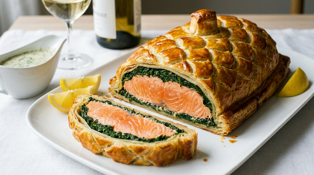 Saumon en croûte feuilletée dorée tranché, montrant la pâte, la couche d'épinards et le pavé de saumon corail nacré
