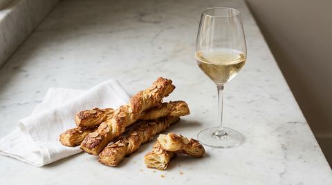 Sacristains feuilletés au sucre et aux amandes sur un marbre blanc, verre de crémant demi-sec