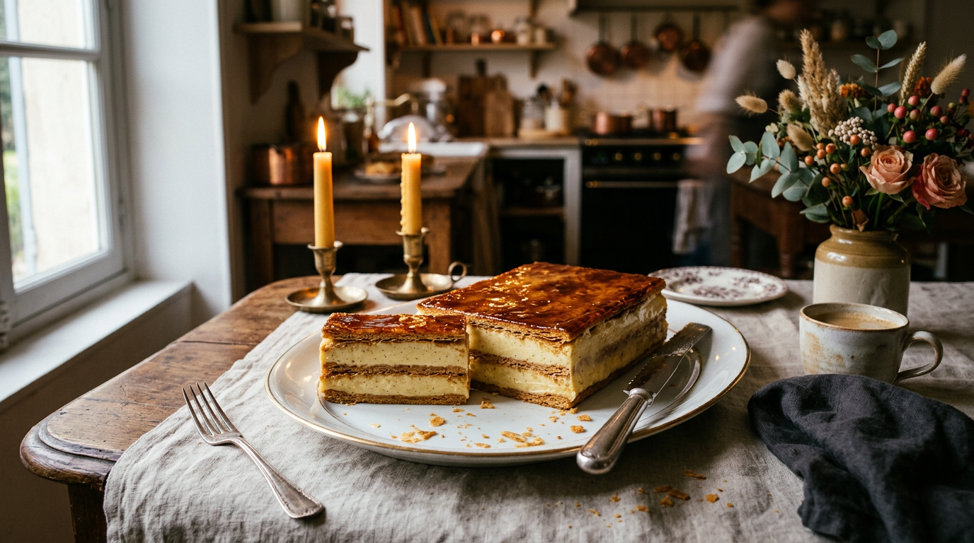 Mille-feuille au dessus caramélisé brillant, une part coupée montrant trois couches de feuilletage fines et plates et deux couches de crème pâtissière vanillée, sur une table chaleureuse aux bougies