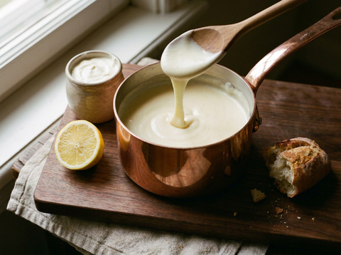 Sauce crème ivoire dans une casserole en cuivre, ruban épais tombant de la cuillère en bois, pot de crème fraîche et citron sur une planche en noyer