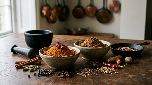 Deux bols de mélanges d'épices maison, ras el hanout orange aux pétales de rose et garam masala brun, cannelle, cardamome, poivre, clous de girofle, cumin, coriandre, anis étoilé, mortier en fonte et pilon à plat, plan de travail en bois