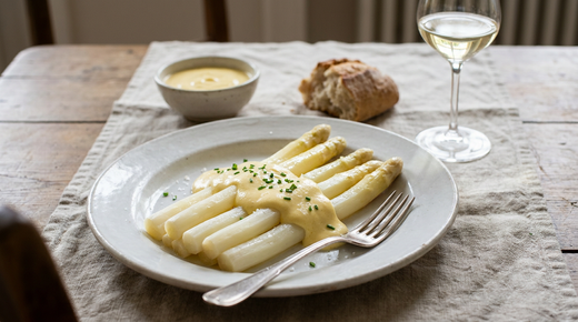 Asperges blanches cuites, nappées d'une sauce mousseline jaune pâle et aérienne, ciboulette et fleur de sel, fourchette à plat sur une assiette blanche, bol de sauce, pain de campagne, verre de vin blanc pâle, table en bois et lin