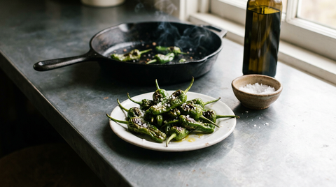 Tas de pimientos de Padrón verts et boursouflés, tachés de noir par la poêle, brillants d'huile et couverts de gros sel, sur une petite assiette blanche posée sur un comptoir de zinc, poêle en fonte noircie à l'arrière