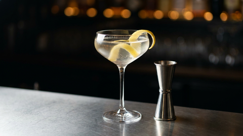 Coupe de Twinkle, robe presque incolore et longue spirale de citron, sur un plan de bar en inox brossé