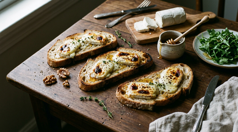 Trois tartines de chèvre chaud sur une table en bois sombre, rondelles de bûche grillées et boursouflées avec des taches brunes, filet de miel brillant, thym et poivre concassé, bûche de chèvre entamée, pot de miel et cerneaux de noix